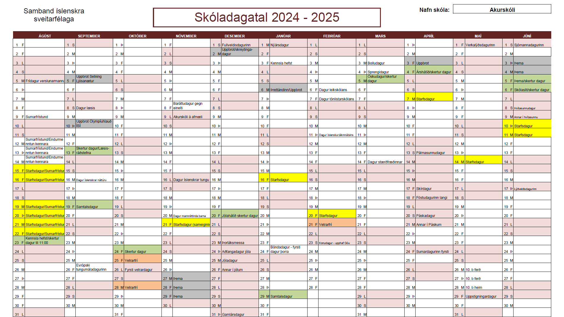Skóladagatal 2024-2025 hefur verið birt