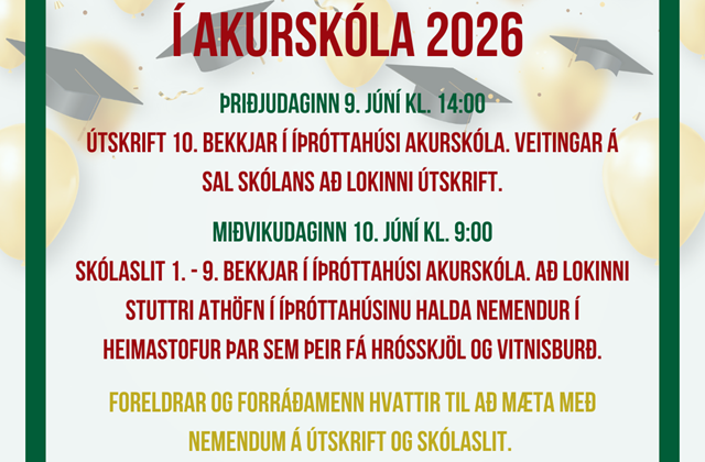 Útskrift og skólaslit vor 2026