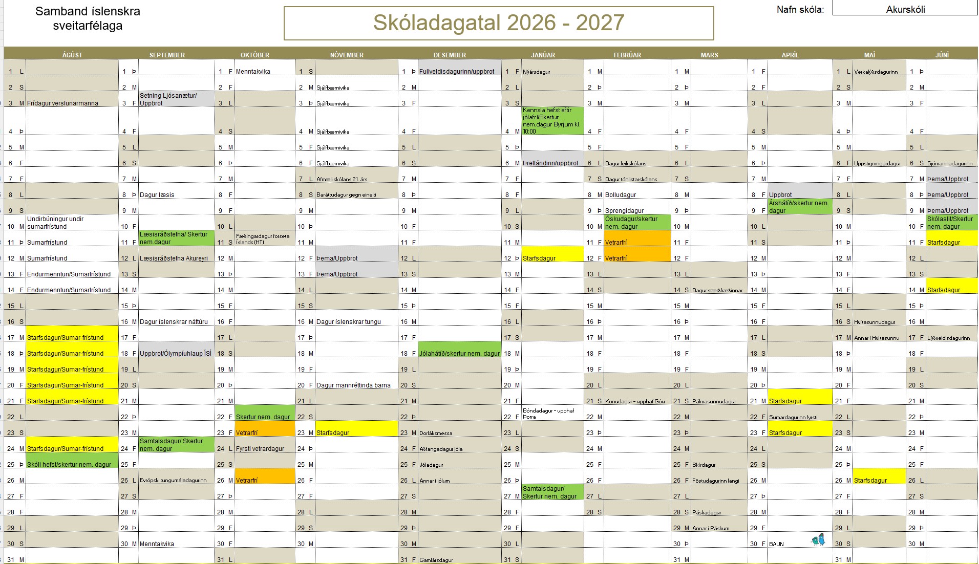 Skóladagatal næsta skólaárs