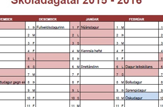 Skóladagatal 2015-2016